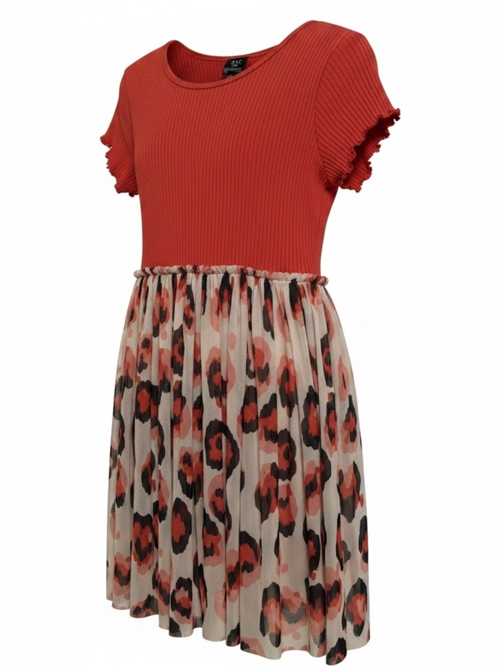 Girls Red Ribbed Top with Leopard-Print Skirt Dress